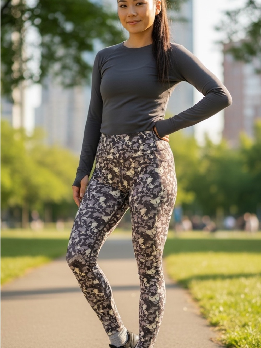CRZ YOGA High-Waist Floral Camo Leggings - Gray, Cream